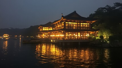 Obraz premium Illuminated Lakeside Pavilion at Night, Serene Waterscape