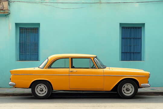 Classic Yellow Car Parked Against a Teal Wall