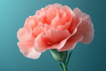 A single pink carnation flower against a teal background