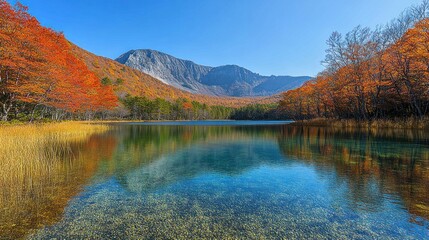 Autumn lake, mountain reflection, Japan, clear water, travel poster
