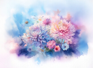 Soft watercolor painting of a bouquet of pink and blue flowers.  The blooms are depicted with delicate brushstrokes against a dreamy, hazy background.