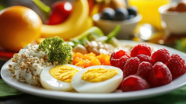 A detailed look at a balanced vegetarian breakfast, featuring eggs, whole grains