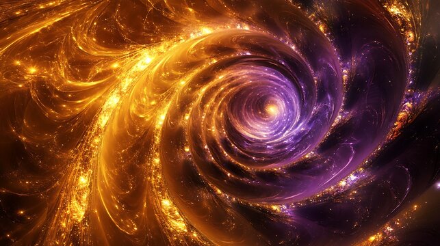 A dynamic galaxy spiral with glowing golden and purple particles, evoking the sensation of a cosmic vortex