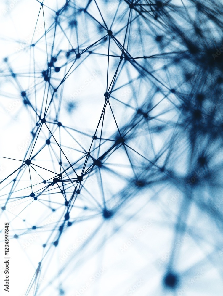 Poster Complex network structure with interconnected lines and nodes in shades of blue against a light background. Generative AI