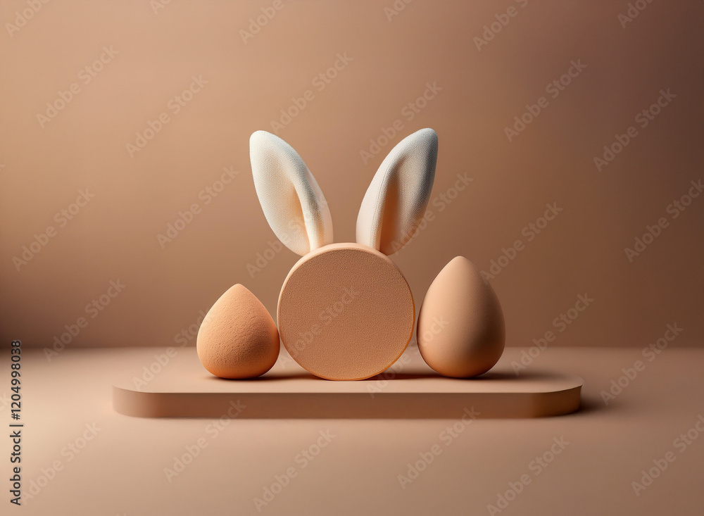 Poster a minimalist easter display features a circular base with bunny ears and two egg shapes, all in mute
