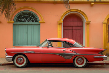Classic Red Car Parked Near a Colorful Building