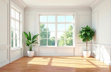 Fototapeta premium illustration of big white room interior with big french windows and hardwood floor. Classical living room with molding, wall paneling. Day sun side light