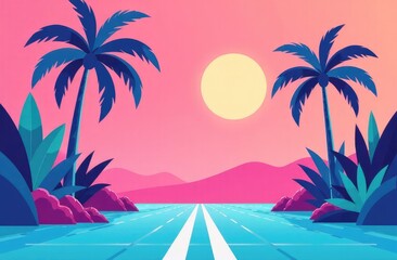Obraz premium illustration of palm leaves shade on pink background. New retro wave landscape with blue laser floor