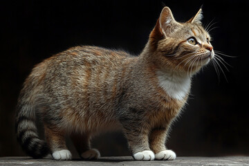 A Tabby Cat Stands Alert Against A Dark Background