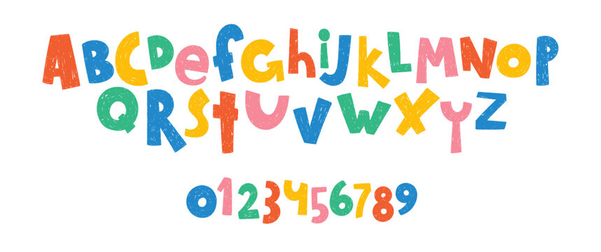 Naklejki Hand drawn font with crayon or pastel texture. Sketch alphabet letters and numbers for school or kindergarten. Kids vector illustration drawn with pencil.