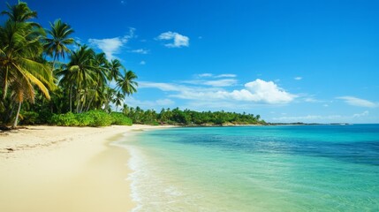 Obraz premium A serene tropical beach with palm trees and turquoise waters, Beach scene, Tropical style