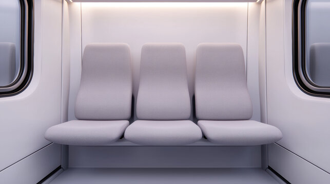 sleek train interior featuring three modern, minimalist seats in light color scheme. design emphasizes comfort and simplicity, creating serene travel environment