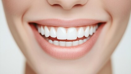 Fototapeta premium Close up of a Woman s Bright Healthy Smile with Perfect White Teeth and Pink Lips