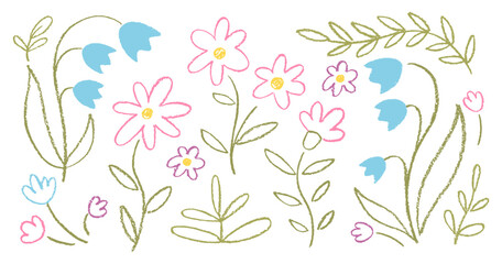 Collection of crayon doodle flowers with leaves. Summer illustration with pastel or chalk texture. Easter childish vector illustration on a white background.