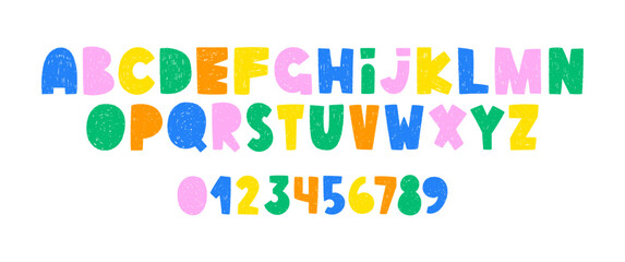 Hand drawn font with crayon or pastel texture. Cartoon alphabet letters and numbers for school or kindergarten. Color vector illustration drawn with pencil.