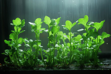 Lush Green Seedlings Thrive Under Gentle Rainfall