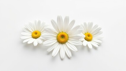 Obraz premium Overhead shot of three pristine white daisies with vibrant yellow centers resting delicately on a smooth white surface, radiating tranquility