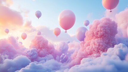 Pastel-colored balloons in a dreamy cloudy background, soft and whimsical party scene