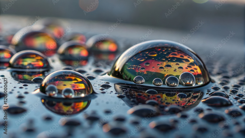 Poster detailed macro shot of colorful droplets on reflective surface, showcasing vibrant hues and intricat