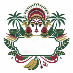 Decorative Kerala inspired artwork blending cultural heritage and festive decor. Indian blank label border frame with a paradise theme on a white background.