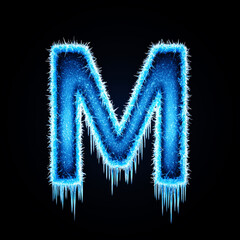 Fototapeta premium The letter M is made of ice and he is frozen in a blue color