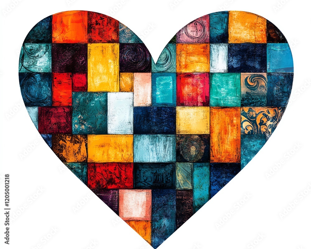 Aufkleber vibrant patchwork heart design with bold swirls and colorful squares, combining texture and color in