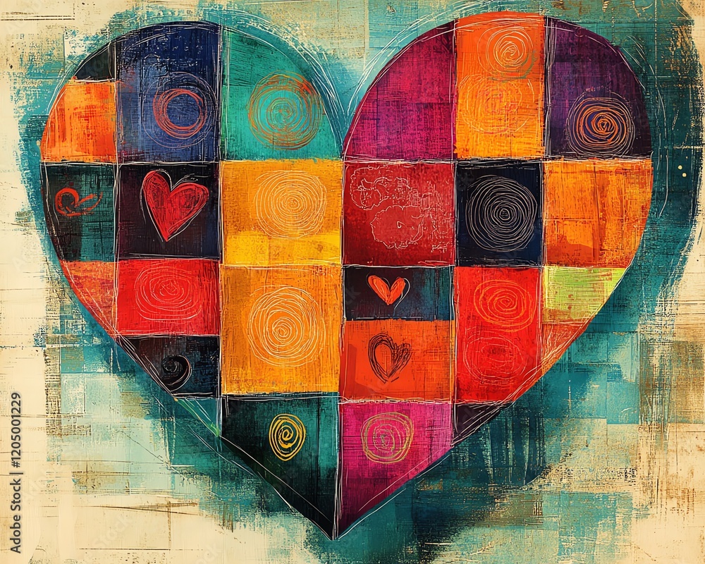 Poster vibrant patchwork heart design with bold swirls and colorful squares, combining texture and color in