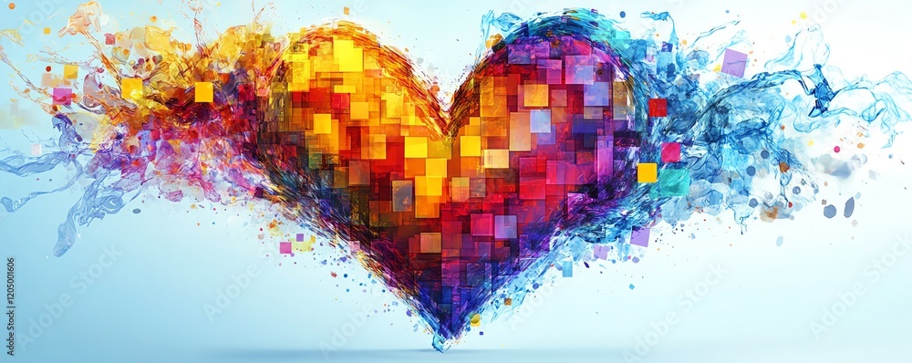 Poster bright patchwork heart design with colorful squares and fluid swirls, creating a stunning, vibrant h