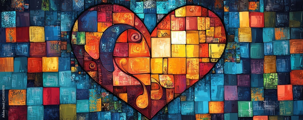 Poster colorful patchwork heart design featuring vibrant swirls and contrasting squares, capturing a dynami
