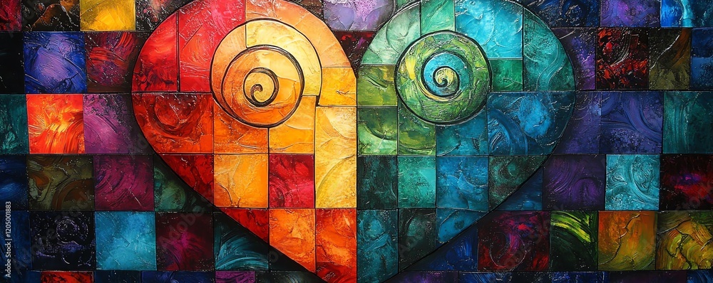 Poster colorful patchwork heart design featuring vibrant swirls and contrasting squares, capturing a dynami