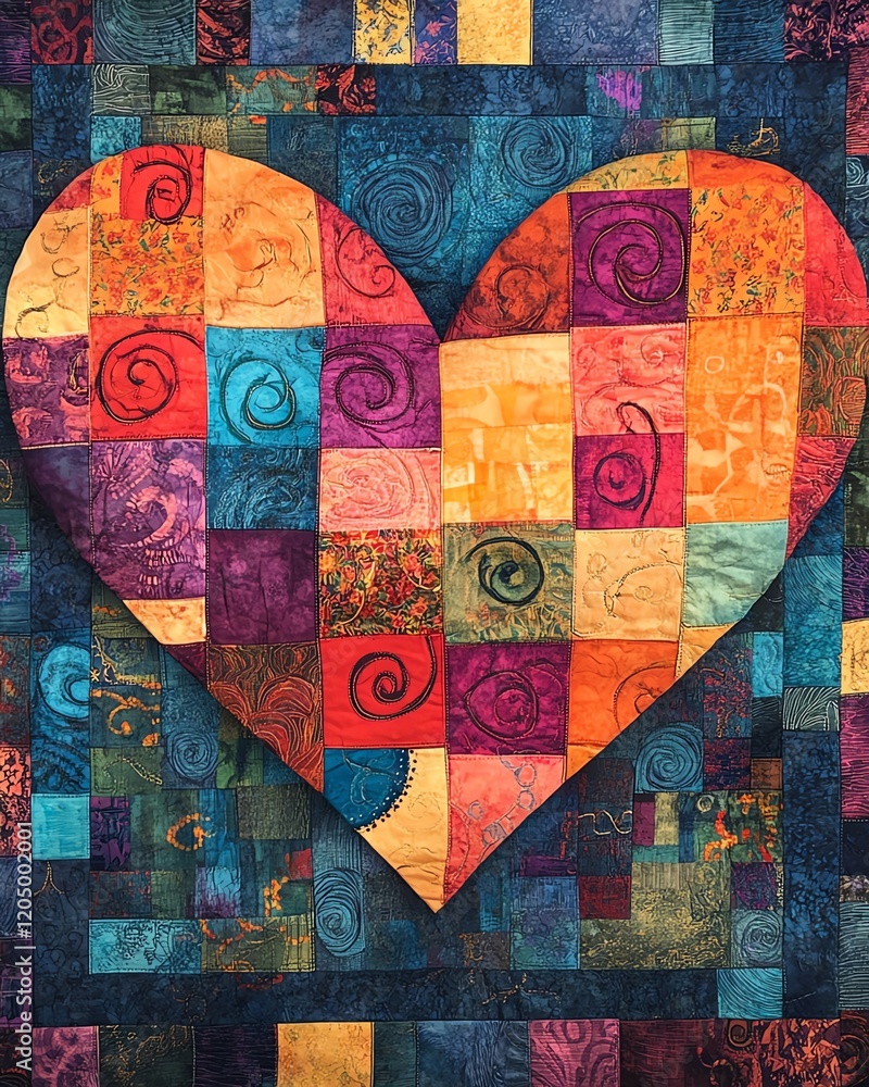 Poster colorful patchwork heart with swirling patterns and vibrant squares, creating a unique design that c