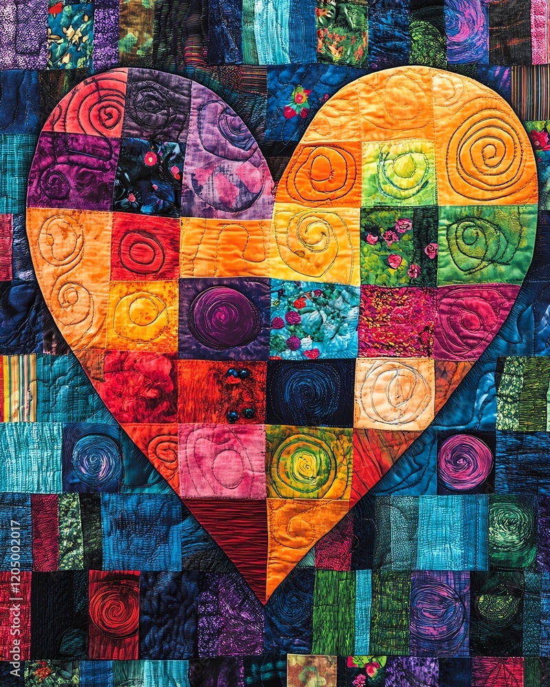 Poster colorful patchwork heart with swirling patterns and vibrant squares, creating a unique design that c
