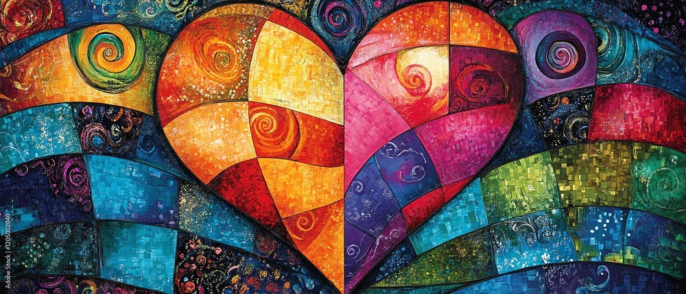 Poster creative patchwork heart design with colorful squares and swirling patterns, bringing together vibra