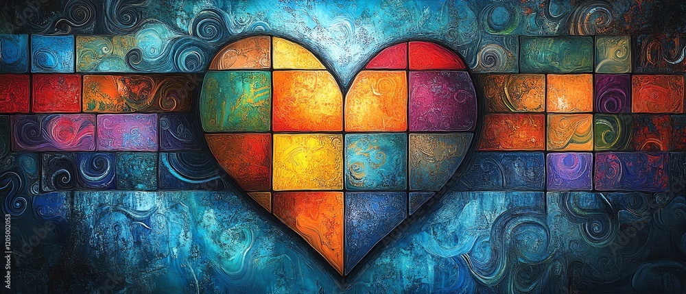 Poster creative patchwork heart design with colorful squares and swirling patterns, bringing together vibra