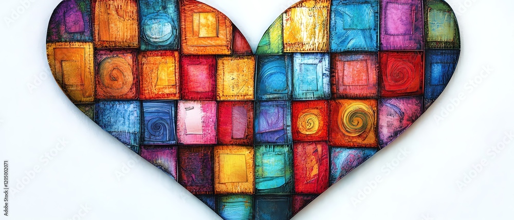 Poster creative patchwork heart design with colorful squares and swirling patterns, bringing together vibra