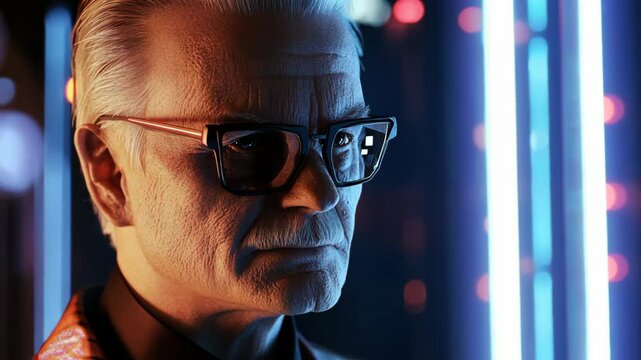 futuristic theme businessman at city with glowing neon light background, online business and technology adaptation advantage concept