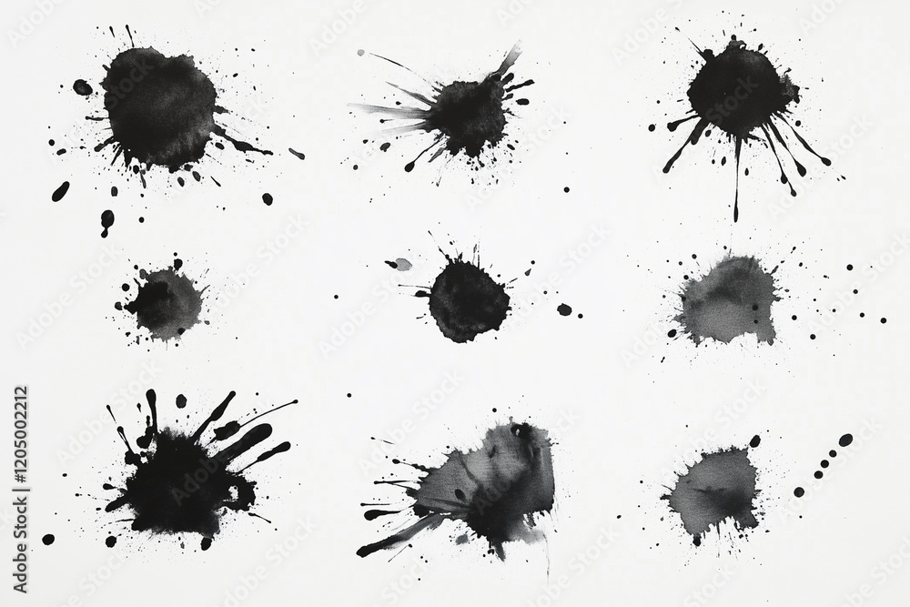 Poster series of black ink splatters on a white background. the splatters vary in size and shape, creating 