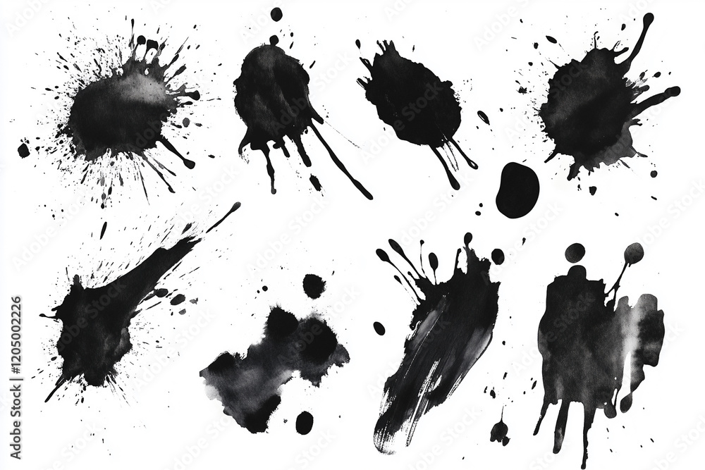 Poster collection of black ink splatters on a white background. the splatters vary in size and shape, creat
