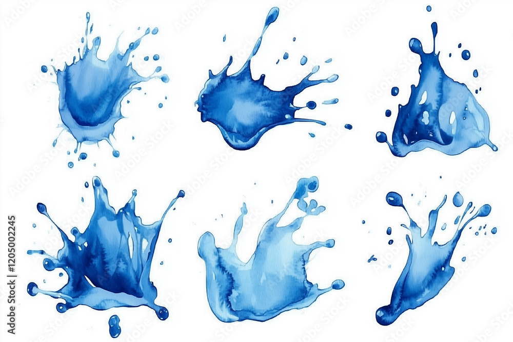 Poster series of blue splatters on a white background. the splatters are of different sizes and shapes, cre