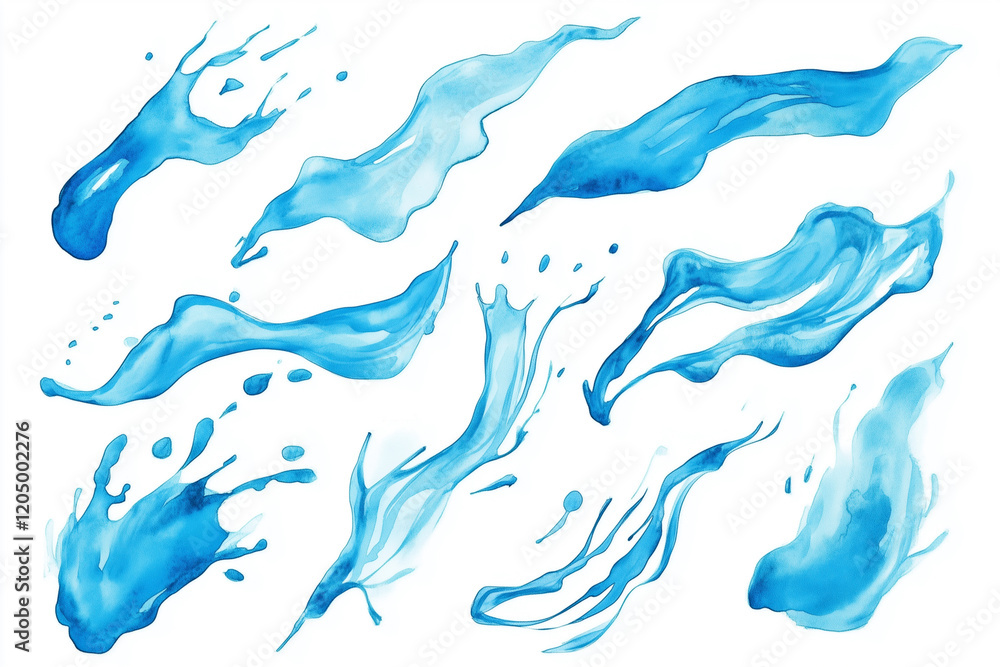 Poster series of blue water splashes with varying sizes and shapes. the splashes are scattered across the i