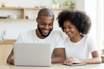 Obraz premium Young Couple Filing Taxes Online at Home Using Laptops and Tax Software
