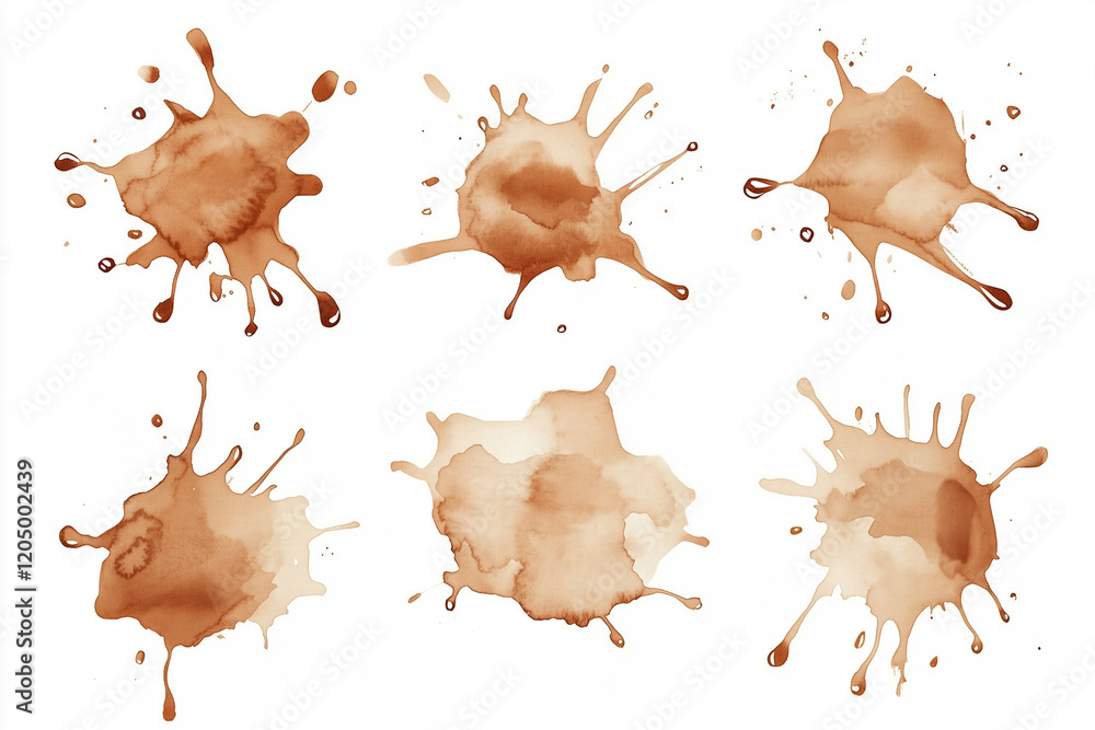 Poster collection of brown splatters of paint, with some being larger and others smaller. the splatters are
