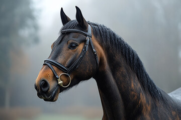 Obraz premium Elegant Dark Bay Horse Wearing a Black Bridle