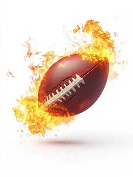 american footbal lball with bright flame flying on white background