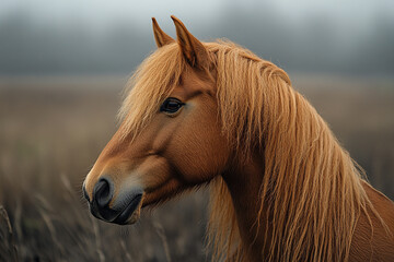 Obraz premium Chestnut Horse Portrait In A Misty Field