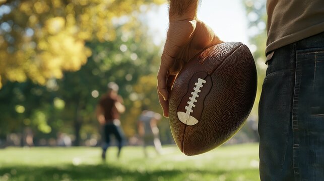 A close-up shot of a player holding an American football, ready to start a play in an informal outdoor game in a sunny park.