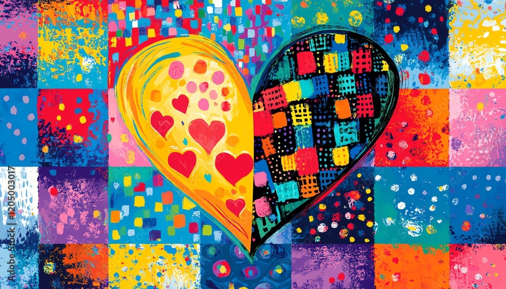 Poster heartshaped patchwork design with vivid swirls and colorful squares, featuring a dynamic mix of brig