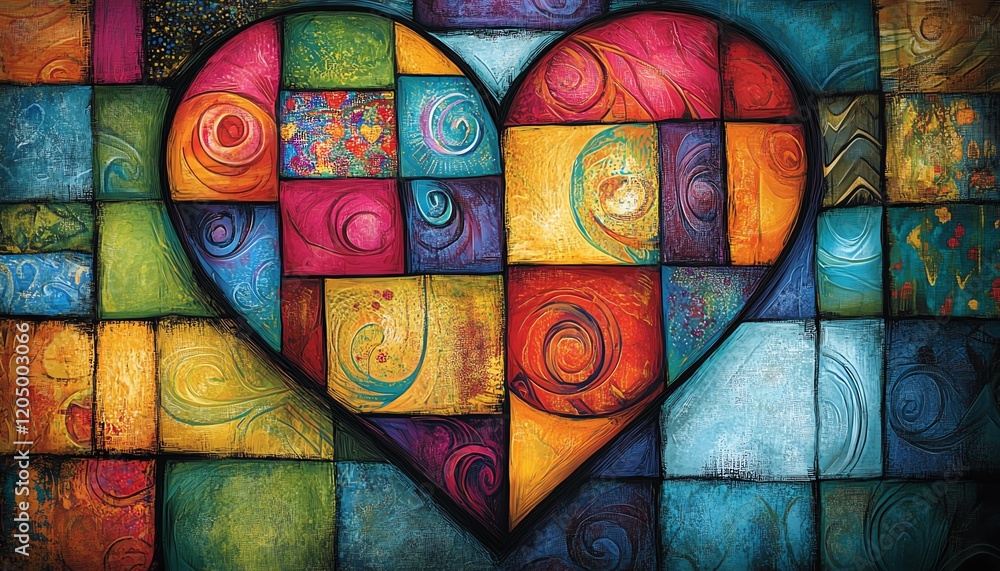 Poster heartshaped patchwork design with vivid swirls and colorful squares, featuring a dynamic mix of brig