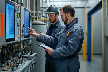 Wastewater Treatment Facility Operators Analyzing Critical System Metrics and Discussing Adjustments