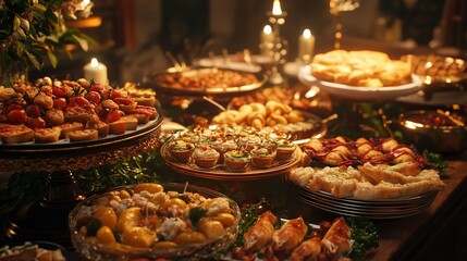 Fototapeta premium Buffet Dinner Table with Colorful Meat Fruits and Vegetables Indoors at Restaurant